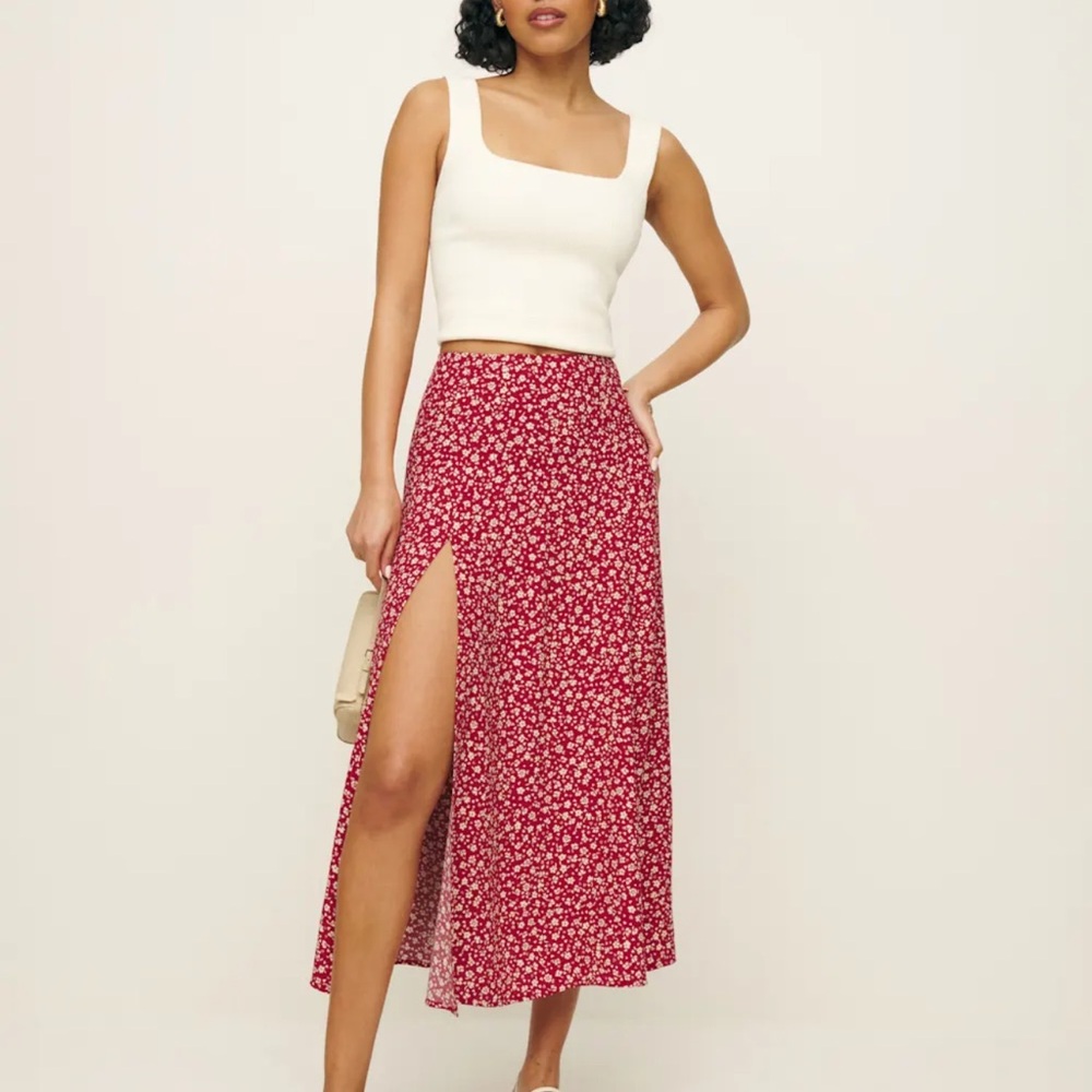 Reformation Red Floral Midi Skirt